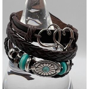 Set of 3 Leather Wrap Bracelets Turquoise Concho Adjustable‎ Unisex up to 10"